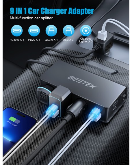 BESTEK Cigarette Lighter Splitter Adapter: 9 in 1 Car Charger 148W 3-Socket PD 30W and QC3.0 18W Charging Ports LED Display Super Fast Charger for 12V/24V